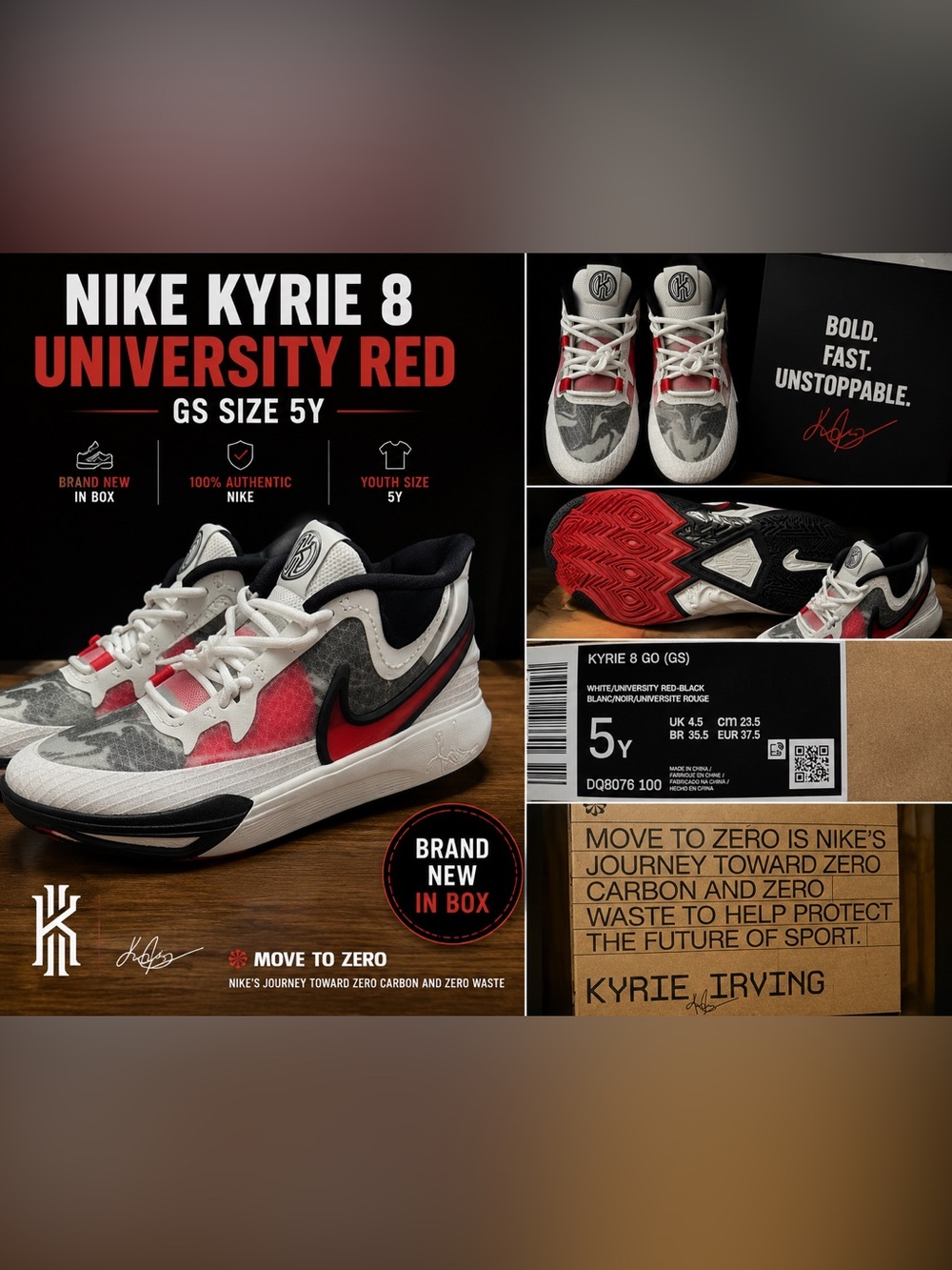 NWT Nike Kyrie 8 GO GS White University Red Black Basketball Shoes Size 5Y